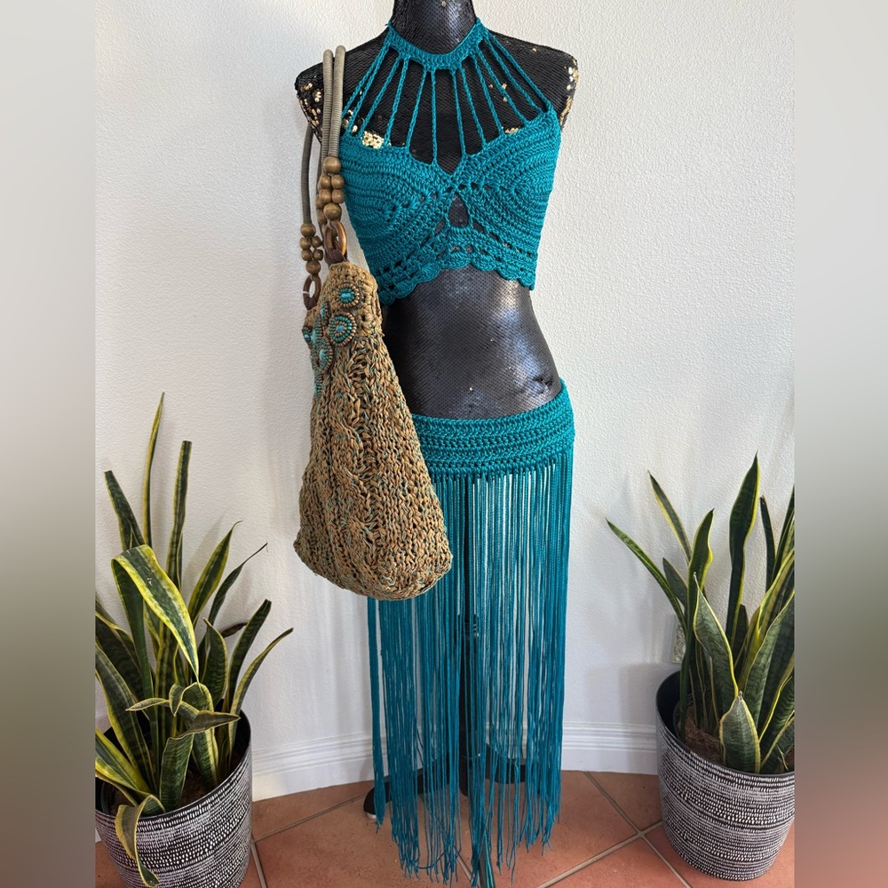 Handmade New Boho Metallic Teal Macrame 2-Piece Fringe Skirt Set
